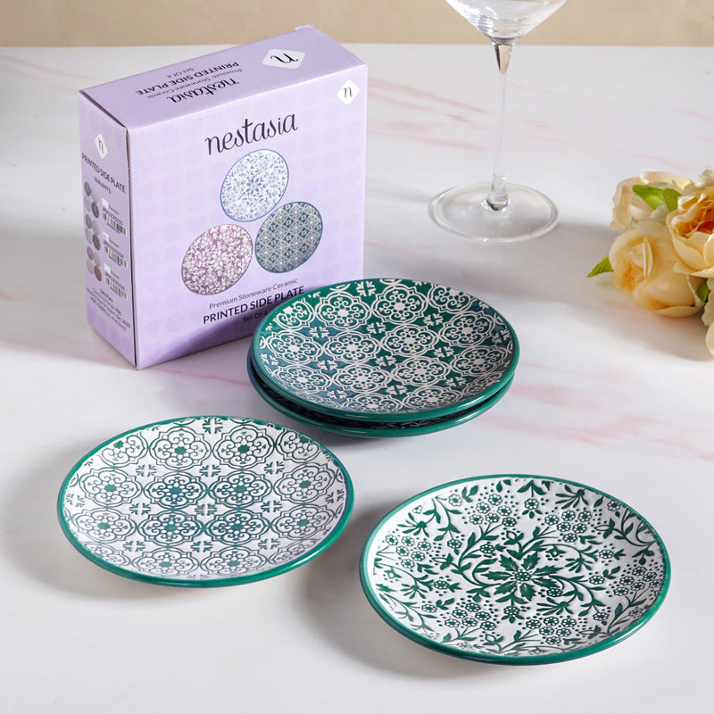 Floral Design Ceramic Dessert Plates Set Of 4 White Teal 15cm