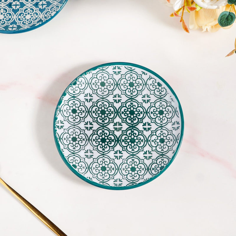 Floral Design Ceramic Dessert Plates Set Of 4 White Teal 15cm