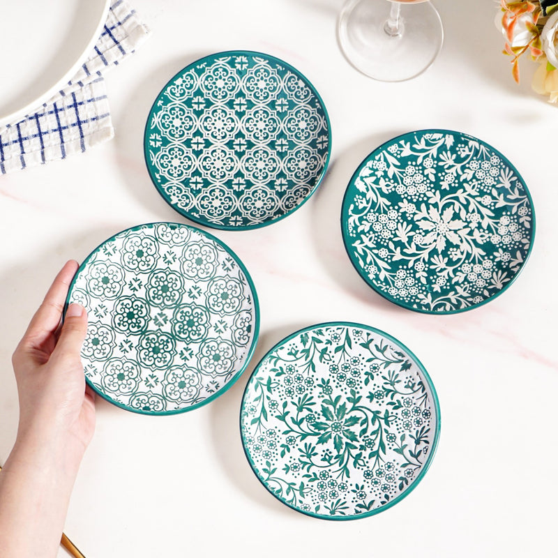 Floral Design Ceramic Dessert Plates Set Of 4 White Teal 15cm