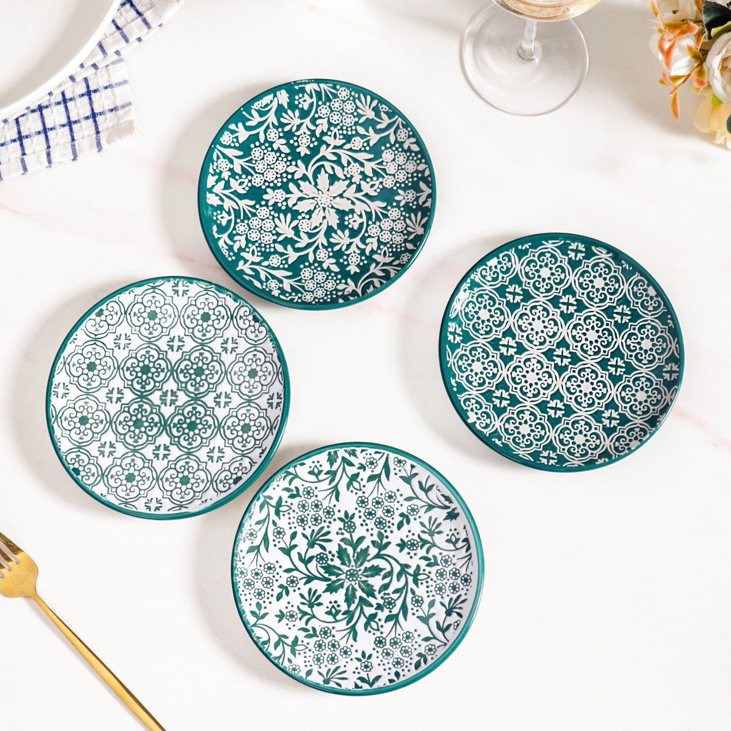 Floral Design Ceramic Dessert Plates Set Of 4 White Teal 15cm