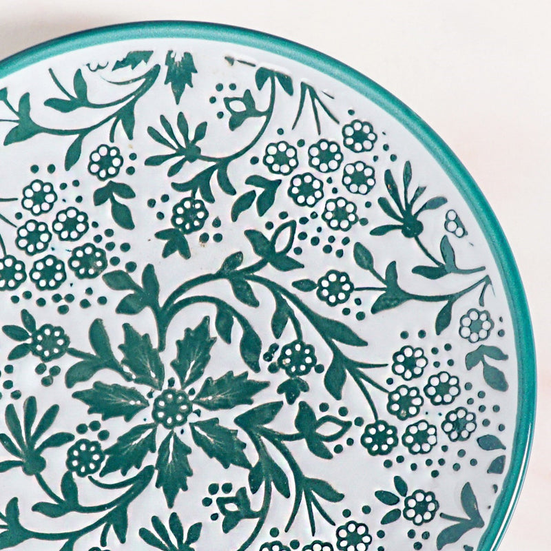 Floral Design Ceramic Dessert Plates Set Of 4 White Teal 15cm