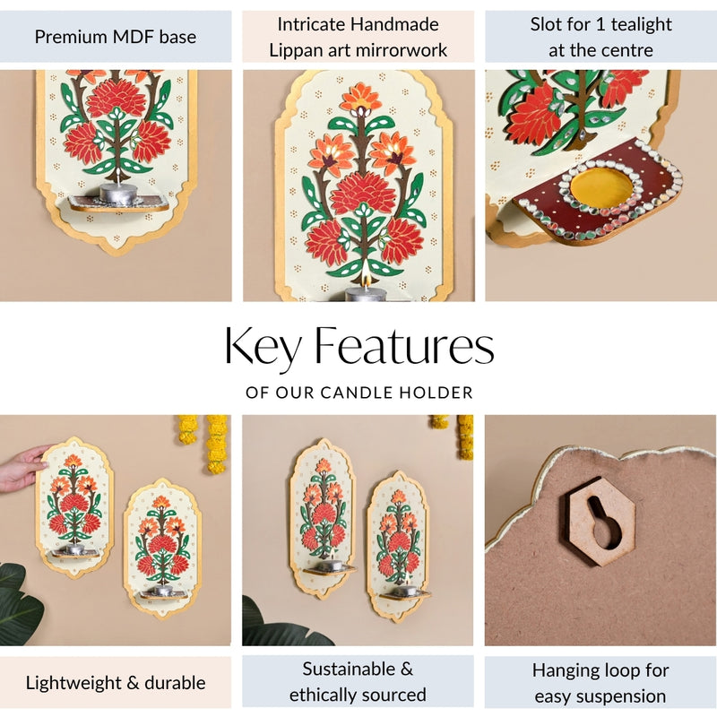 Motif Jharokha Tealight Candle Holder With Lippan Art Set Of 2