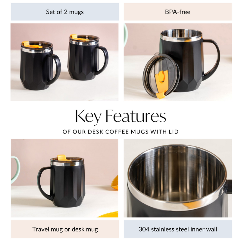 Desk Coffee Mug With Lid Set Of 2 Black 400ml - Travel mug, travel coffee mug, coffee mug, coffee mug with lid, black coffee mugs