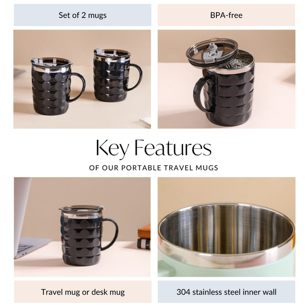 Portable Travel Mug For Couples Set Of 2 Black 400ml