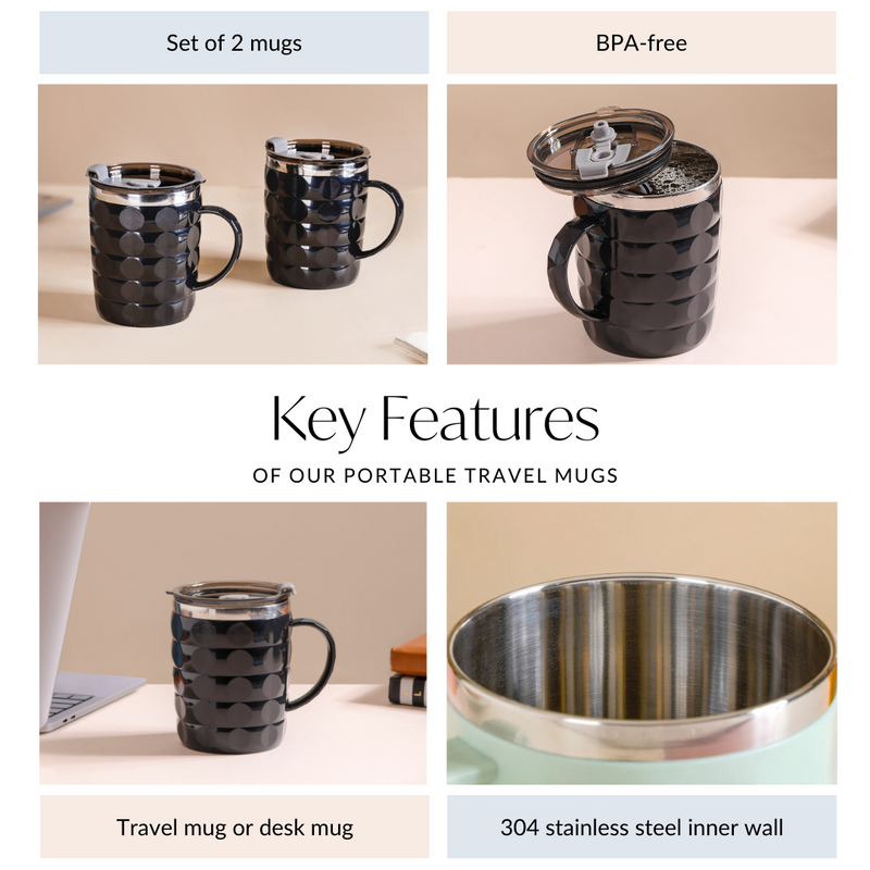 Portable Travel Mug For Couples Set Of 2 Black 400ml - Travel mugs, travel mugs with lids, coffee mugs, insulated mugs, travel coffee mugs