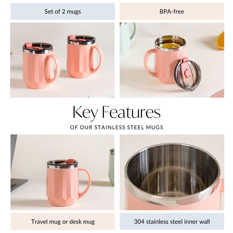 Stainless Steel Mug With Lid Set Of 2 Pink 400ml - Travel mugs, travel mugs with lids, coffee mugs, insulated mugs, travel coffee mugs