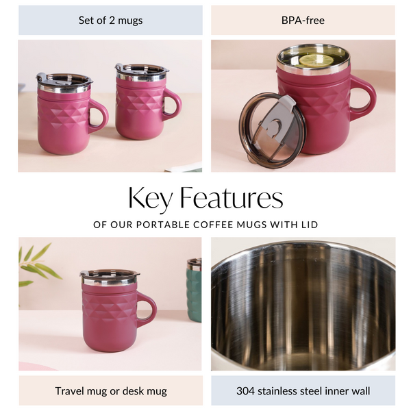Portable Coffee Mug With Lid Set Of 2 Magenta 400ml