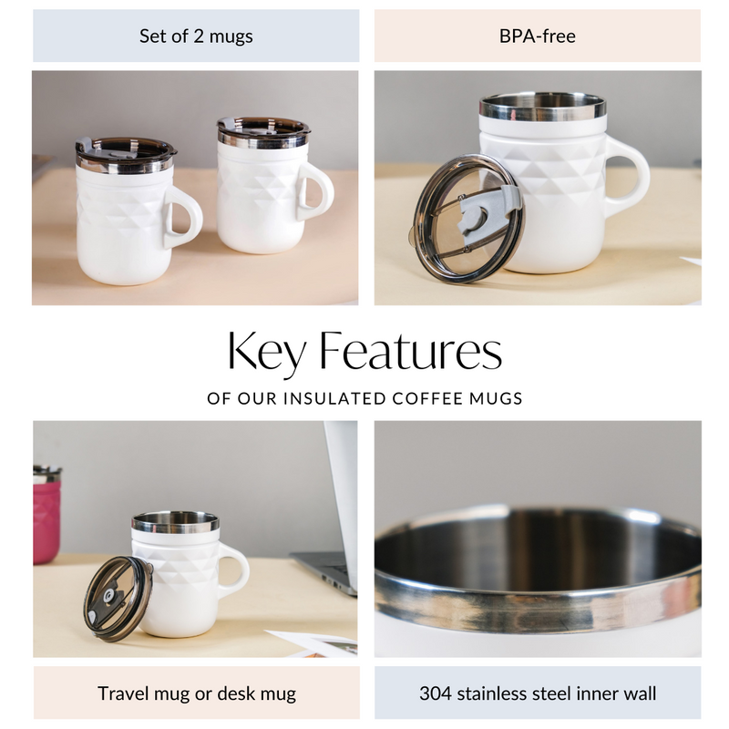 Coffee Mug Set Of 2 White 400ml - Travel mugs, travel mugs with lids, coffee mugs, insulated mugs, travel coffee mugs, white mugs