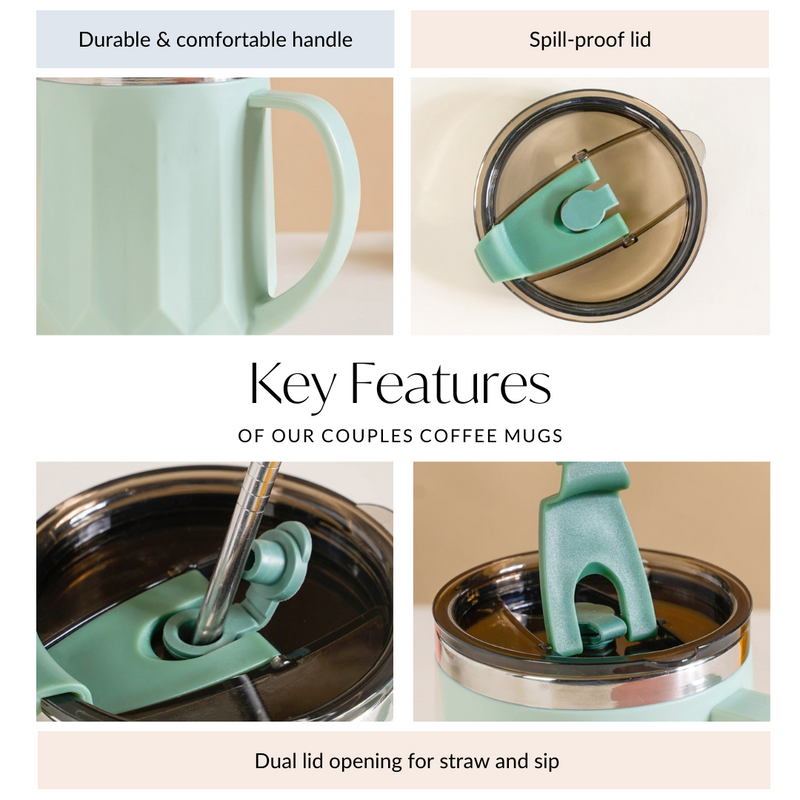 Couples Coffee Mug With Lid Set of 2 Mint Green 400ml - Travel mug, travel coffee mug, coffee mug, coffee mug with lid, mint green coffee mugs