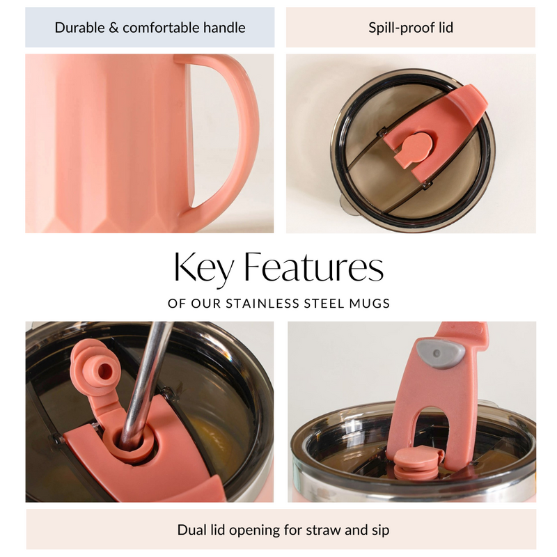 Stainless Steel Mug With Lid Set Of 2 Pink 400ml - Travel mugs, travel mugs with lids, coffee mugs, insulated mugs, travel coffee mugs