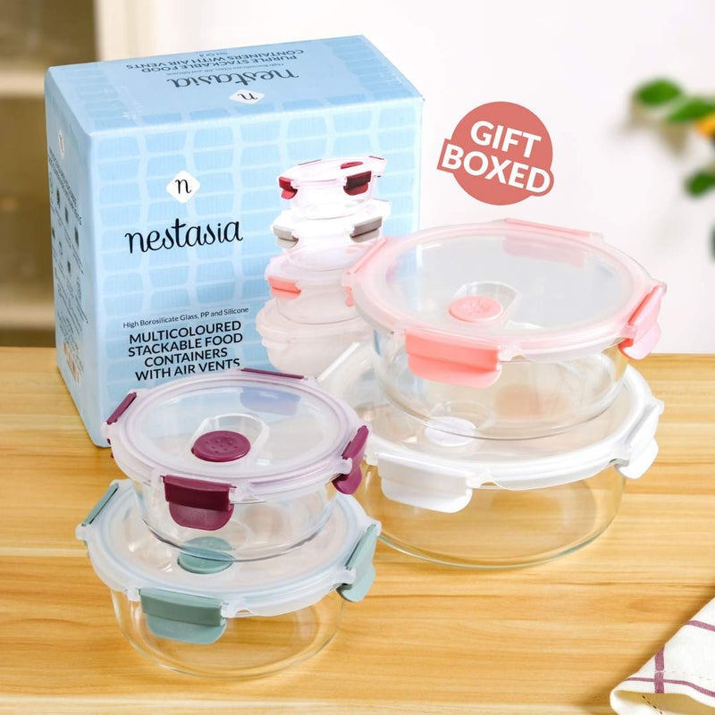 Kaleido Round Stackable Food Containers With Air Vents Set Of 4 390ml 630ml 960ml 1400ml
