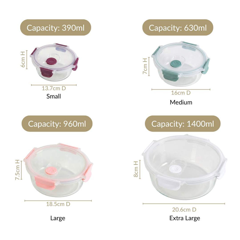 Kaleido Round Stackable Food Containers With Air Vents Set Of 4 390ml 630ml 960ml 1400ml