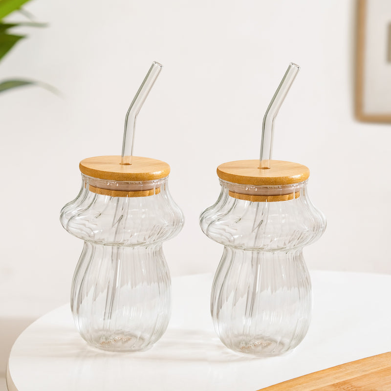 Mushroom Borosilicate Glass Tumbler Set Of 2 With Straw 500ml