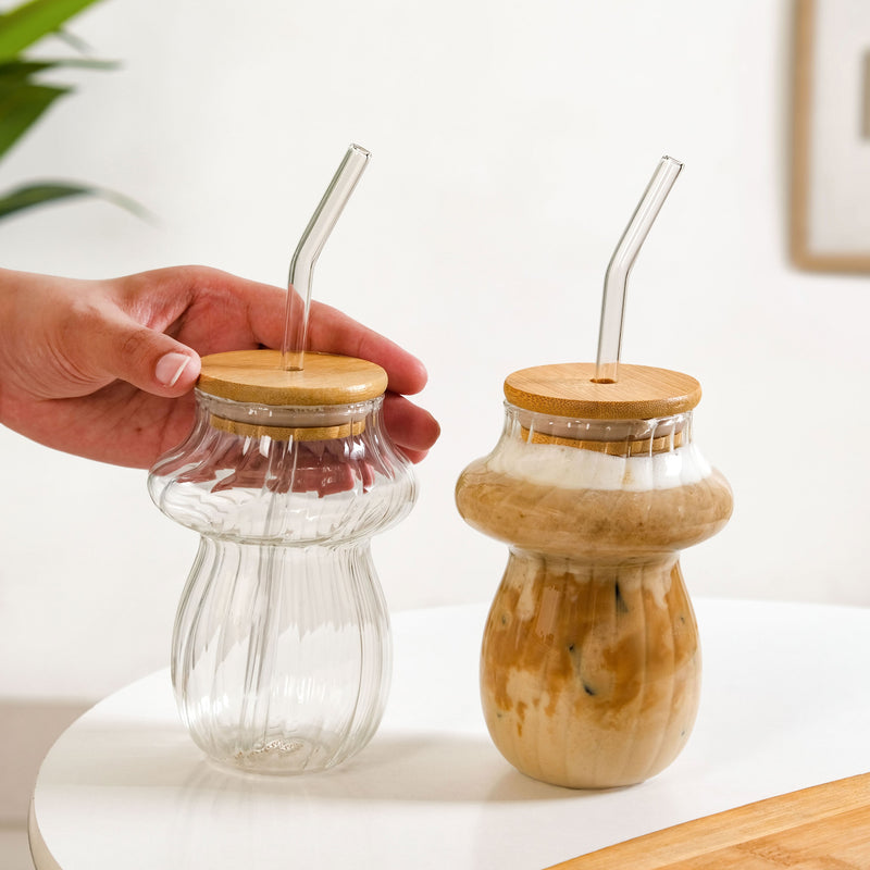 Mushroom Borosilicate Glass Tumbler Set Of 2 With Straw 500ml