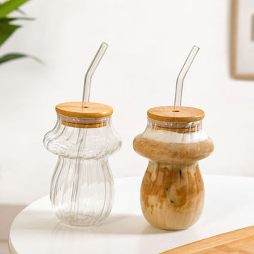 Mushroom Borosilicate Glass Tumbler Set Of 2 With Straw 500ml
