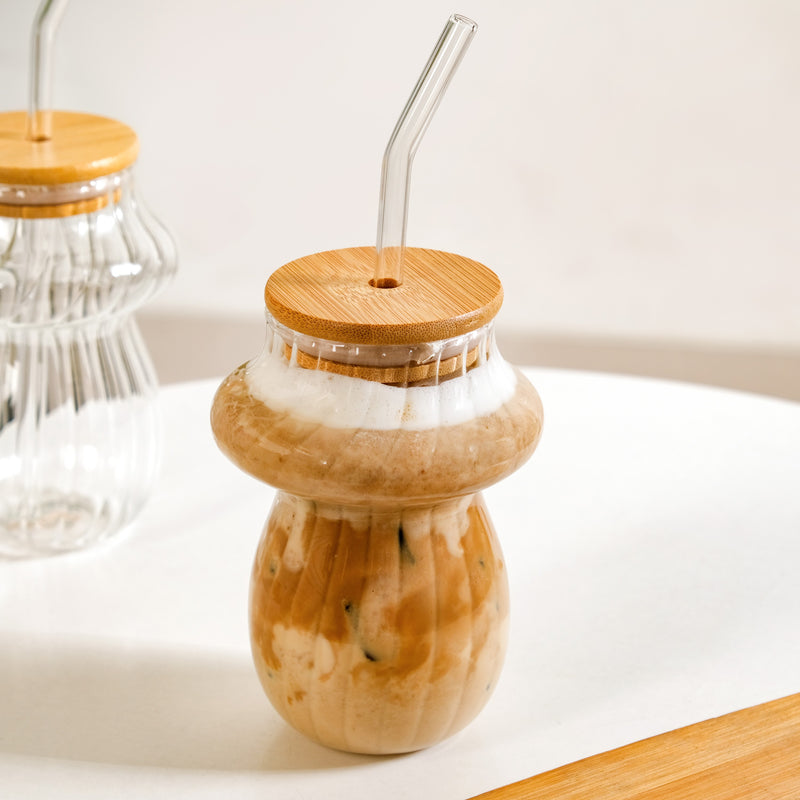 Mushroom Borosilicate Glass Tumbler Set Of 2 With Straw 500ml