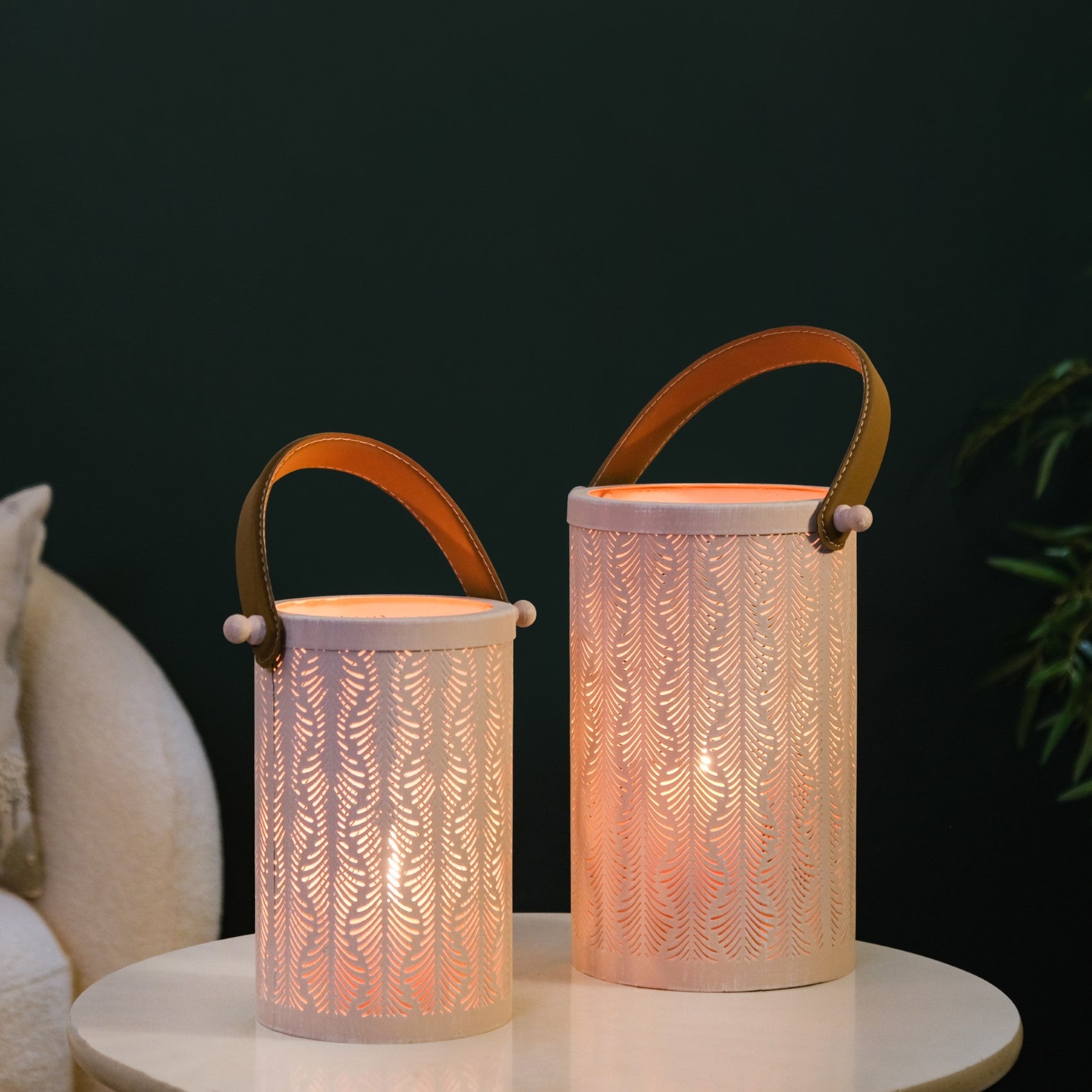 Muted Baby Pink Metal Cutwork Hurricane Lantern Set Of 2 Online