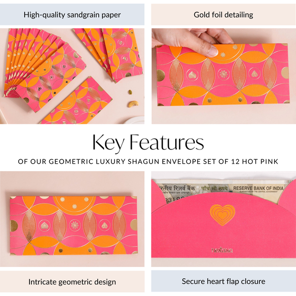 Geometric Luxury Shagun Envelope For Birthdays Set Of 12 Hot Pink