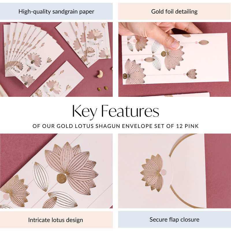 Gold Lotus Shagun Envelope Set Of 12 Pink
