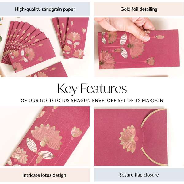 Gold Lotus Shagun Paper Envelopes For Cash Gift Set Of 12 Maroon