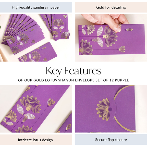 Gold Lotus Shagun Envelope Set Of 12 Purple