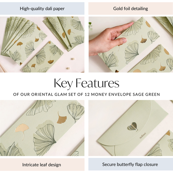 Oriental Glam Designer Set Of 12 Money Envelope Sage Green