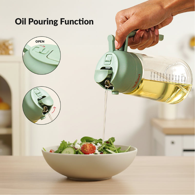 Spray And Pour Oil Dispenser Bottle Green 470ml With Spoon