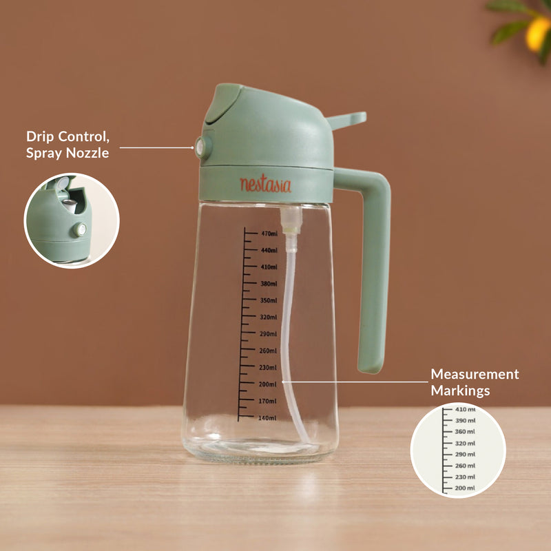 Spray And Pour Oil Dispenser Bottle Green 470ml With Spoon