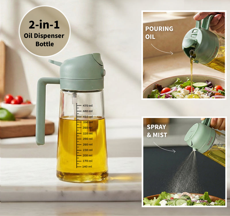 Spray And Pour Oil Dispenser Bottle Green 470ml With Spoon