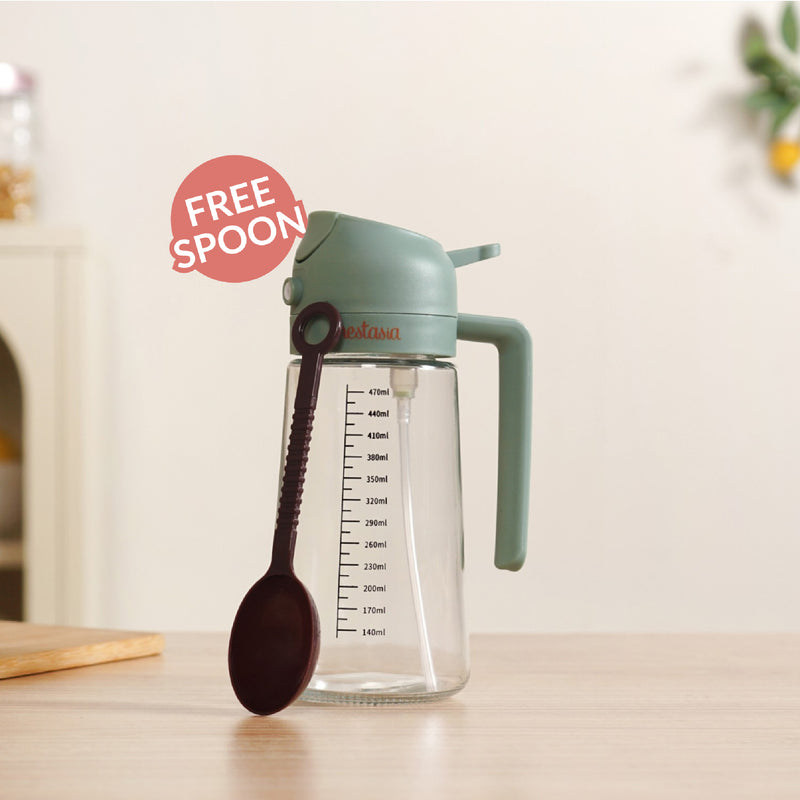 Spray And Pour Oil Dispenser Bottle Green 470ml With Spoon