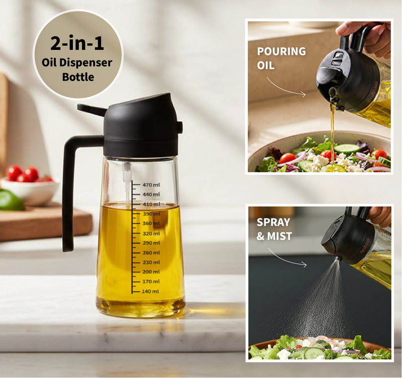 Spray And Pour Oil Dispenser Bottle Black 470ml With Spoon