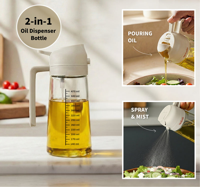 Spray And Pour Oil Dispenser Bottle Beige 470ml With Spoon