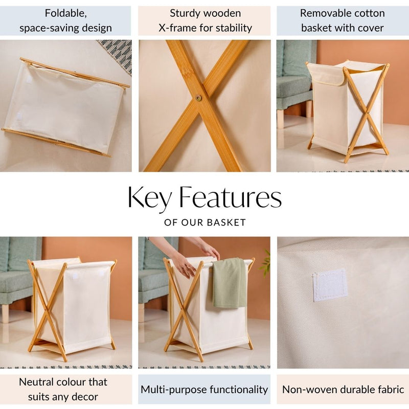 Foldable Bamboo Laundry Basket Off White