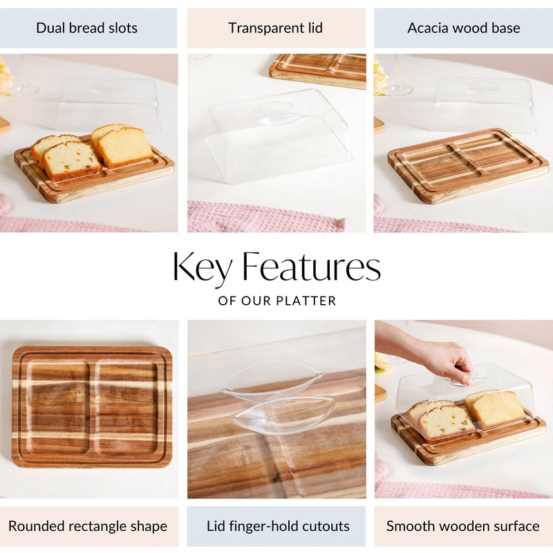 Acacia Wood Bread Box With Transparent Cloche 22cm