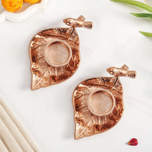 NestGlow Bird Leaf Tealight Candle Holder Set Of 2 Rose Gold