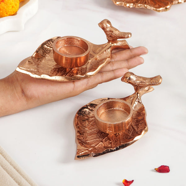 NestGlow Bird Leaf Tealight Candle Holder Set Of 2 Rose Gold