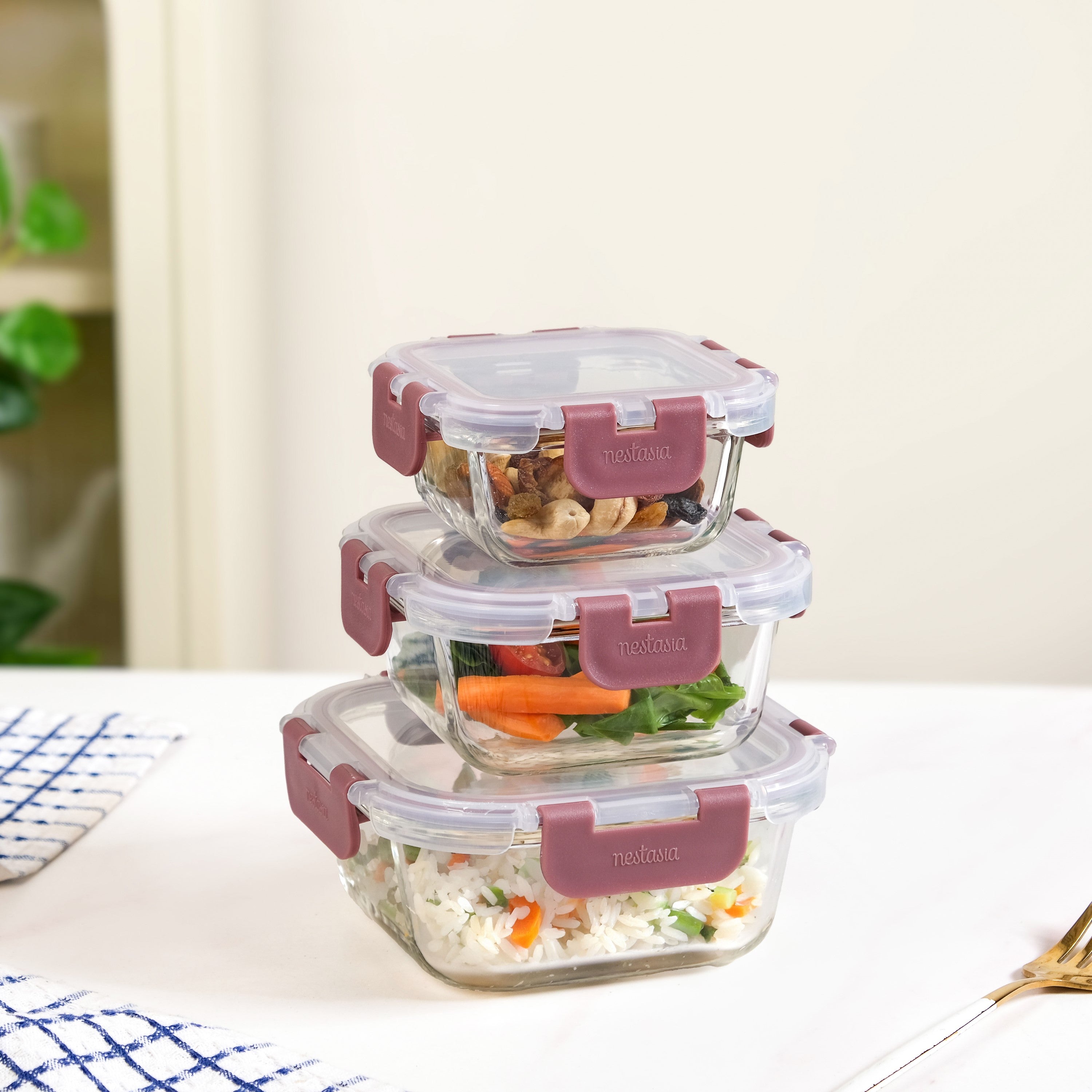 Nestro Airtight Food Storage Containers Square Set Of 3 Magenta 160ml 300ml 500ml