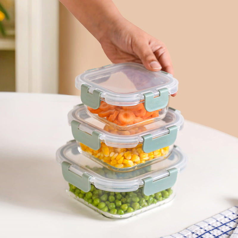 Nestro Airtight Clip Lock Containers Set Of 3 Square Sage Green 300ml 500ml 800ml