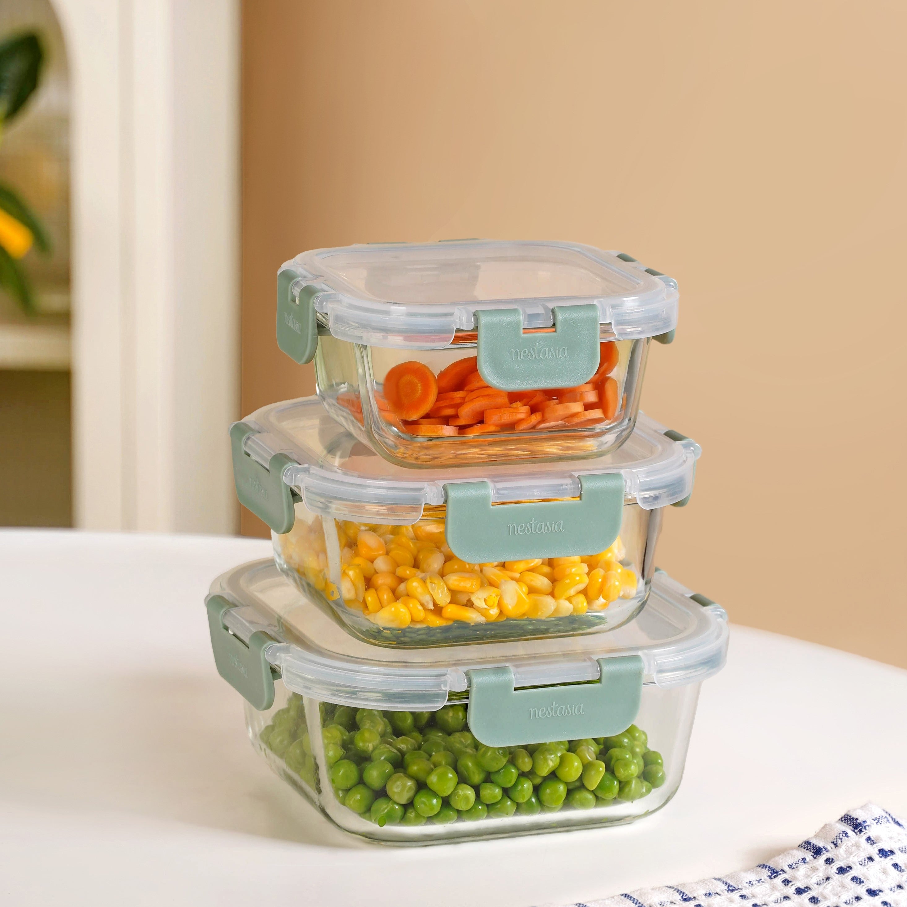 Nestro Airtight Clip Lock Containers Set Of 3 Square Sage Green 300ml 500ml 800ml