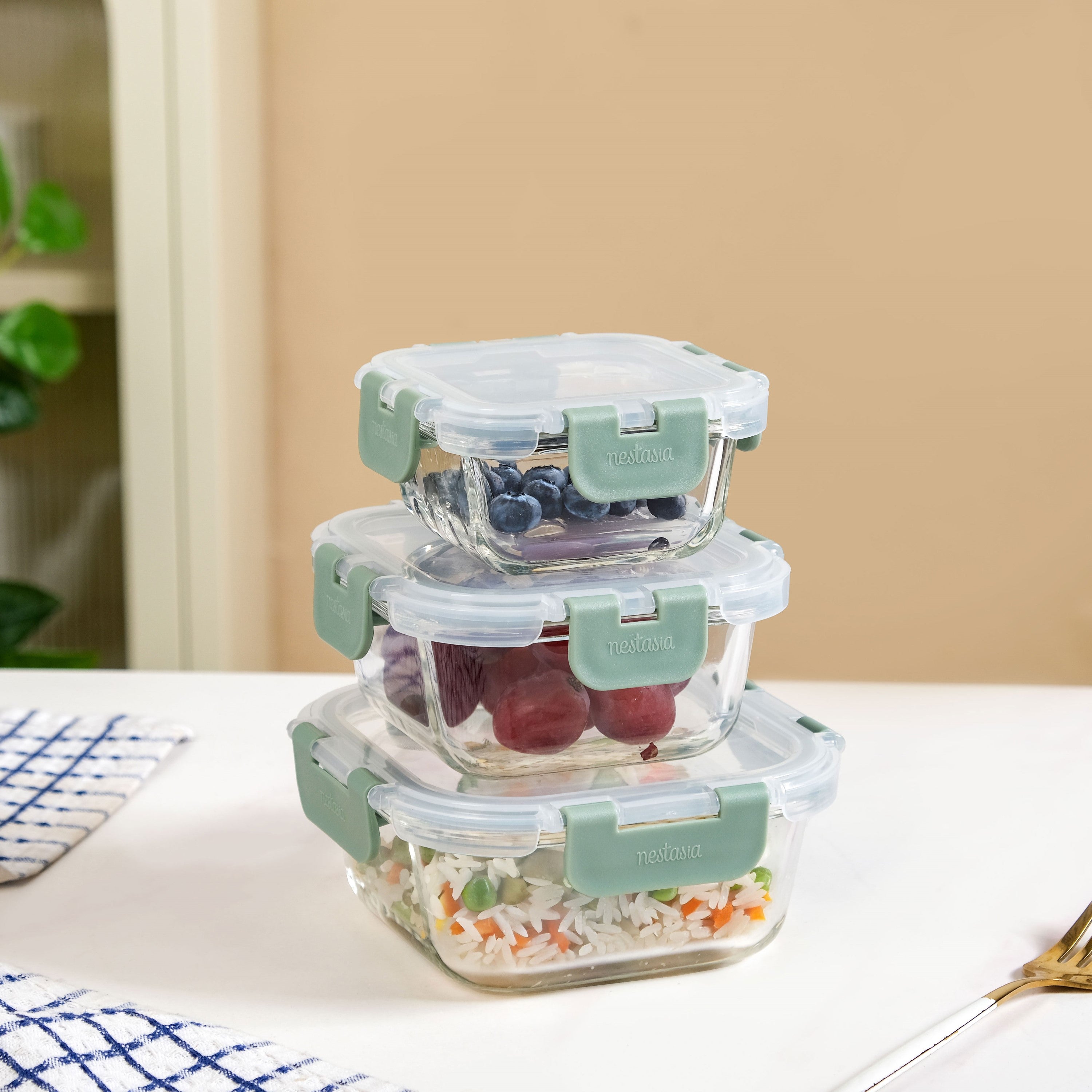 Nestro Glass Leakproof Containers Set Of 3 Square Sage Green 160ml 300ml 500ml