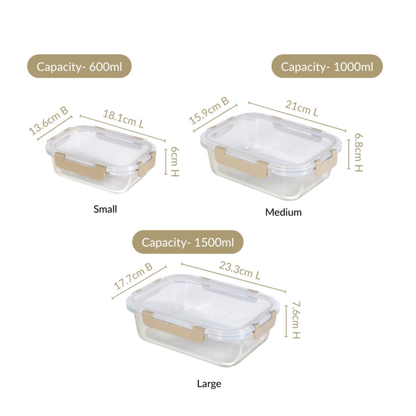 Nestro Leakproof Rectangular Food Storage Box Set Of 3 Beige