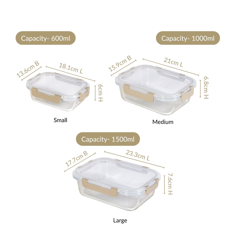 Nestro Leakproof Rectangular Food Storage Box Set Of 3 Beige