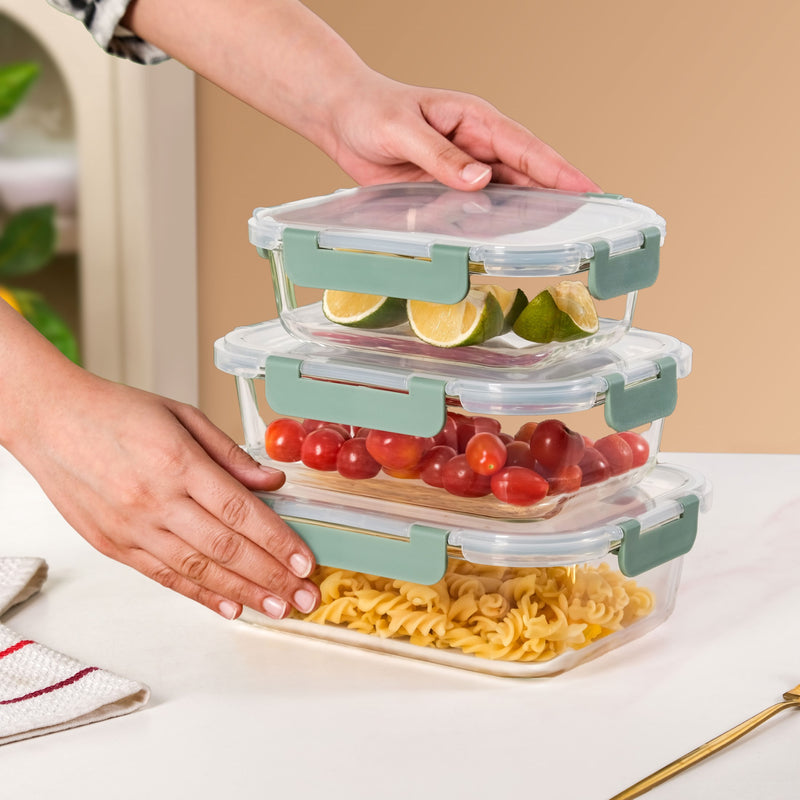 Nestro Leakproof Rectangular Food Storage Box Set Of 3 Green