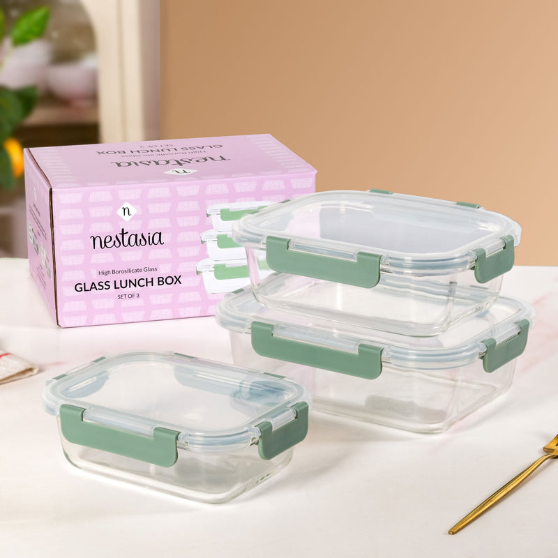Nestro Leakproof Rectangular Food Storage Box Set Of 3 Green