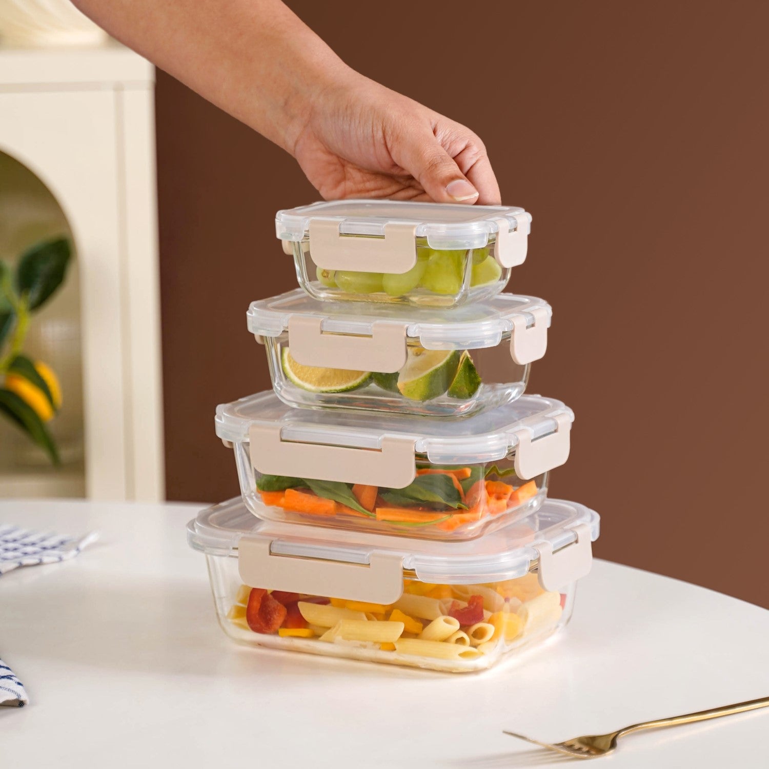 Nestro Leakproof Stackable Food Storage Lunch Box Set Of 4 Beige S ...