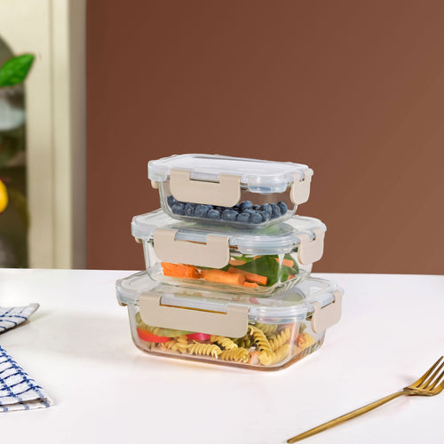 Nestro Microwave Safe Airtight Storage Box Set Of 3 Beige