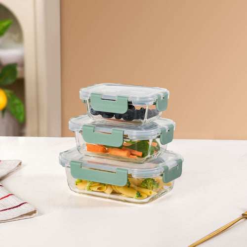 Nestro Microwave Safe Airtight Storage Box Set Of 3 Green