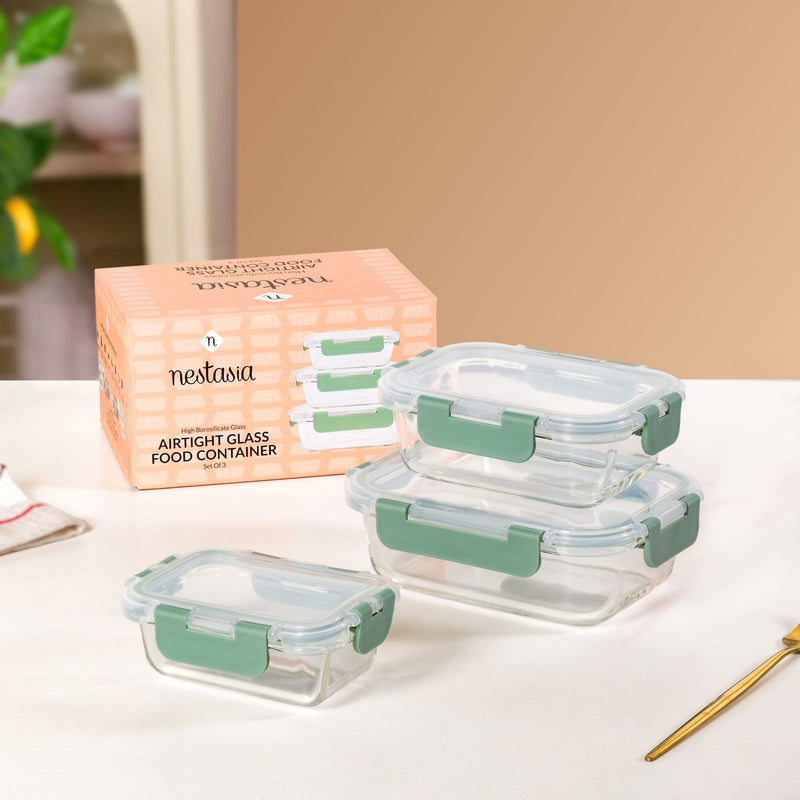 Nestro Microwave Safe Airtight Storage Box Set Of 3 Green