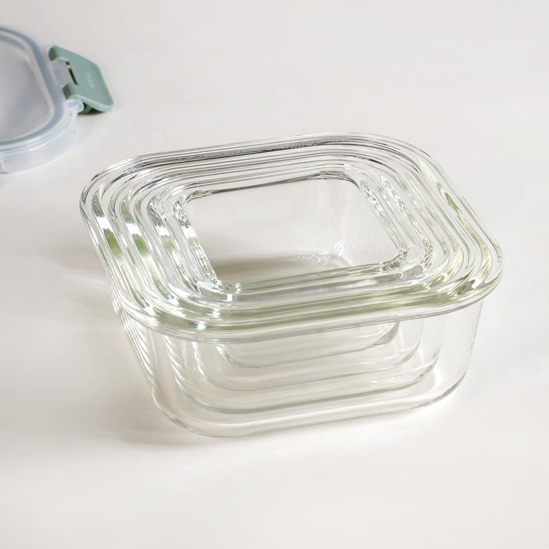 Nestro Airtight Clip Lock Containers Set Of 4 Square Sage Green 160ml 300ml 500ml 800ml