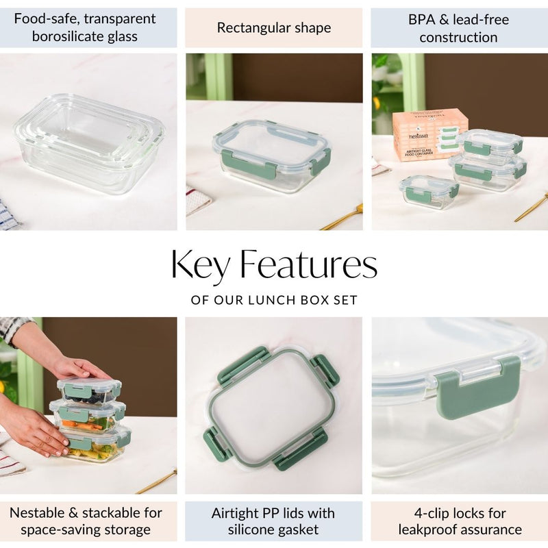 Nestro Microwave Safe Airtight Storage Box Set Of 3 Green